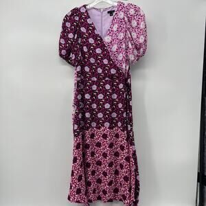 Ann Taylor Mixed Floral Faux Wrap MIDI Dress V-Neck Pink Size 0P Petite Small
